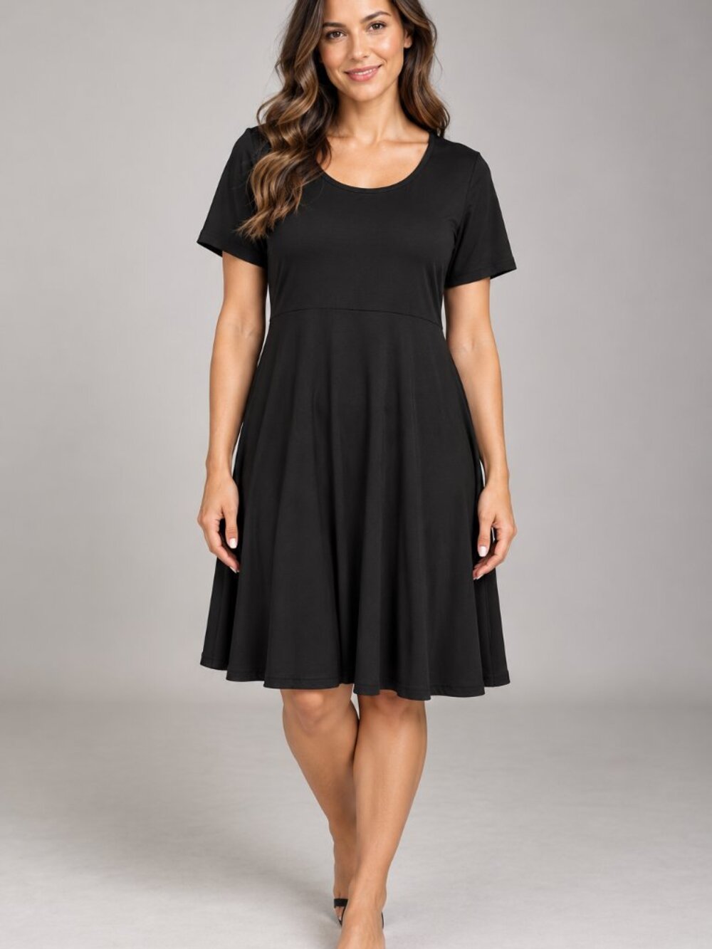 SHEIN Curve 1XL Black Scoop Neck Short Sleeve Fit Flare Fall Dress Plus